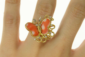 18K Coral Diamond Butterfly Hinged Band Cocktail Ring Size 6.75 Yellow Gold