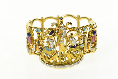 18K Egyptian Hieroglyphic Diamond Bangle Bracelet 7.5