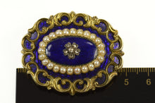 Load image into Gallery viewer, 14K Victorian Blue Enamel Diamond Pearl Mourning Pin/Brooch Yellow Gold