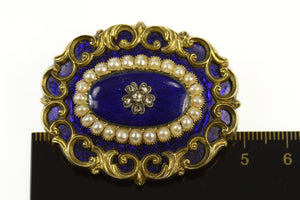 14K Victorian Blue Enamel Diamond Pearl Mourning Pin/Brooch Yellow Gold