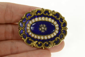 14K Victorian Blue Enamel Diamond Pearl Mourning Pin/Brooch Yellow Gold