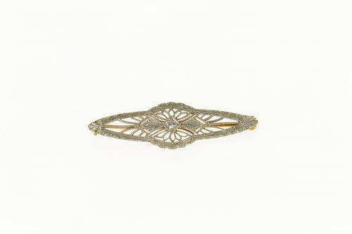 14K Diamond Ornate Art Deco Filigree Bar Pin/Brooch Yellow Gold