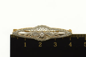 14K Diamond Ornate Art Deco Filigree Bar Pin/Brooch Yellow Gold