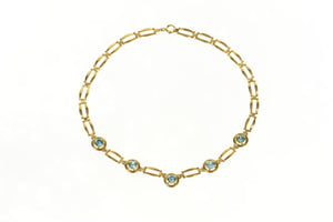 14K Blue Topaz Retro Doubled Bar Link Collar Necklace 16.75" Yellow Gold