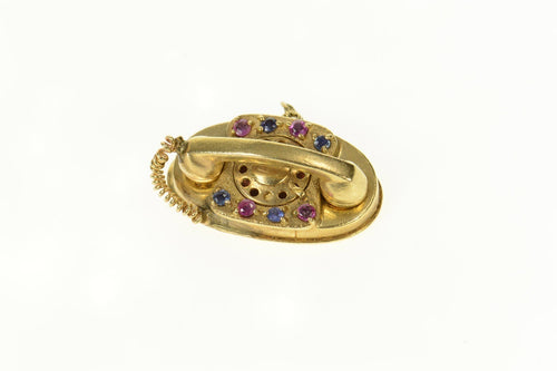 14K 3D Ruby Sapphire Rotary Dial Telephone Charm/Pendant Yellow Gold