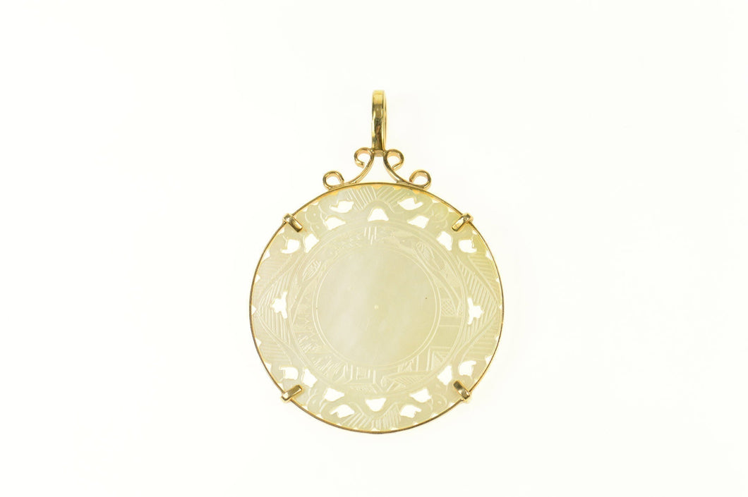 14K Mother of Pearl Chinese Scene Medallion Pendant Yellow Gold