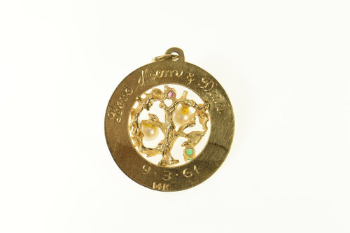 14K Retro Pearl Ruby Emerald Family Tree Charm/Pendant Yellow Gold