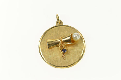 14K Pearl Sapphire Accent Diploma Graduation Charm/Pendant Yellow Gold