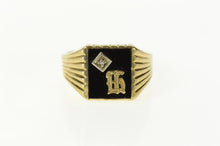 Load image into Gallery viewer, 10K Men&#39;s Black Onyx Diamond H Monogram Ring Size 12.75 Yellow Gold