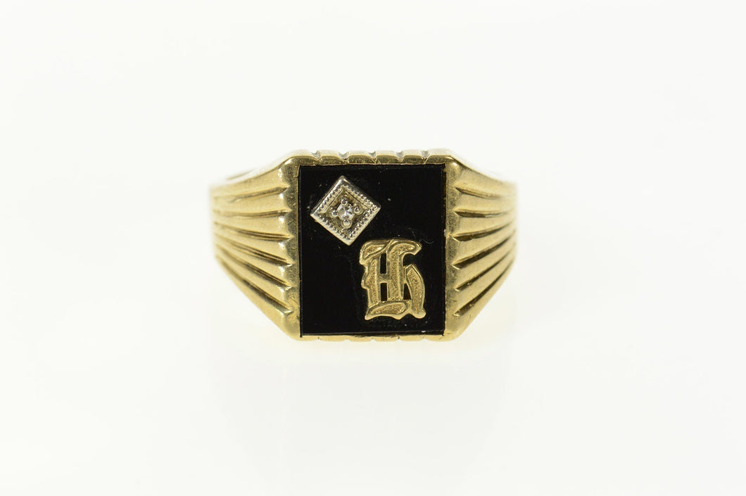 10K Men's Black Onyx Diamond H Monogram Ring Size 12.75 Yellow Gold