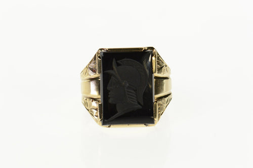 10K Retro Black Onyx Carved Intaglio Soldier Ring Size 9.75 Yellow Gold