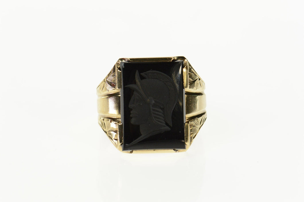 10K Retro Black Onyx Carved Intaglio Soldier Ring Size 9.75 Yellow Gold