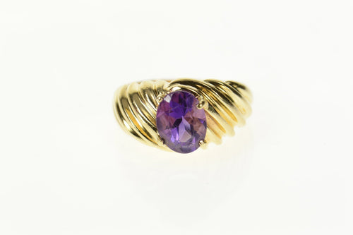 14K Oval Amethyst Grooved Twist Statement Ring Size 7.25 Yellow Gold