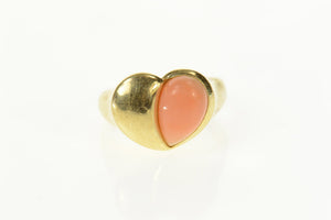14K Coral Cabochon Heart Retro Statement Ring Size 7.75 Yellow Gold