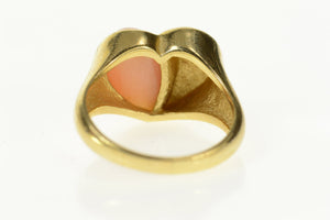 14K Coral Cabochon Heart Retro Statement Ring Size 7.75 Yellow Gold