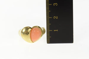 14K Coral Cabochon Heart Retro Statement Ring Size 7.75 Yellow Gold