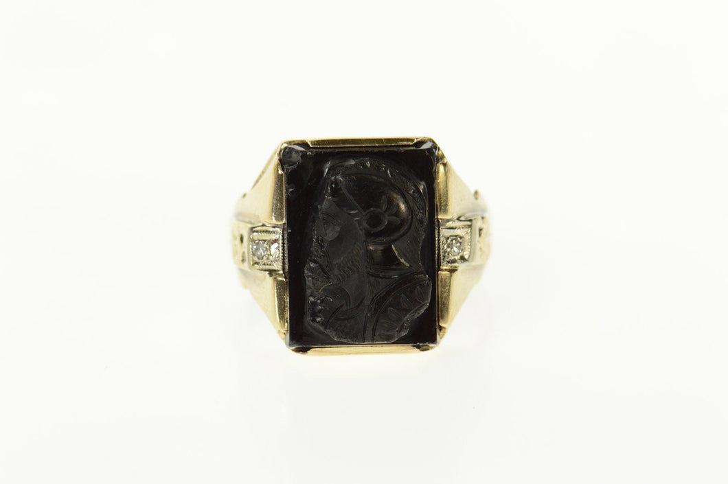 10K Carved Black Onyx Soldier Cameo Diamond Ring Size 8 Yellow Gold
