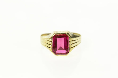 10K Art Deco Syn. Ruby Grooved Squared Ring Size 5.25 Yellow Gold