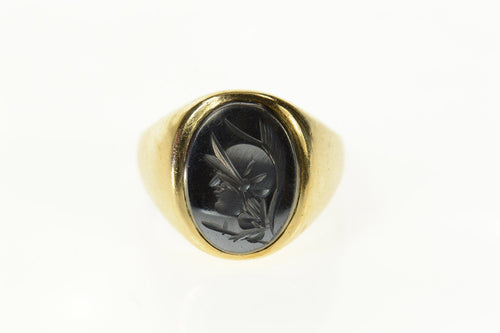 10K Carved Hematite Soldier Intaglio Retro Ring Size 8.5 Yellow Gold