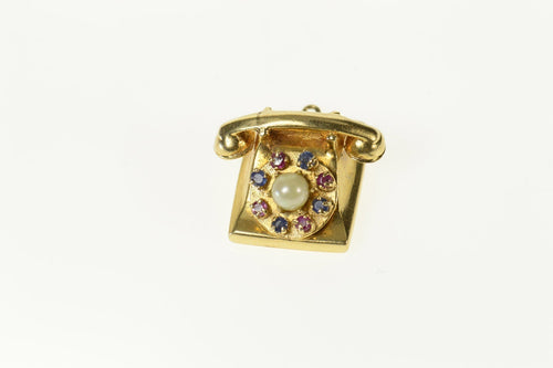 14K 3D Articulated Ruby Sapphire Rotary Telephone Charm/Pendant Yellow Gold