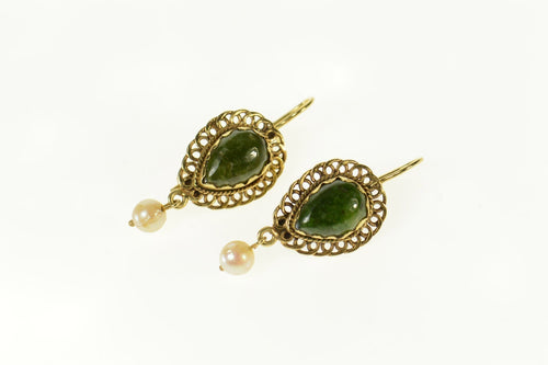 14K Retro Pear Diopside Pearl Dangle Ornate Earrings Yellow Gold