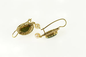 14K Retro Pear Diopside Pearl Dangle Ornate Earrings Yellow Gold