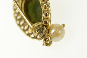 14K Retro Pear Diopside Pearl Dangle Ornate Earrings Yellow Gold