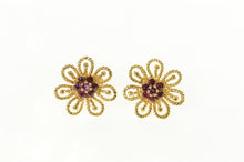 Load image into Gallery viewer, 14K 1960&#39;s Natural Ruby Filigree Flower Screw Back Earrings Yellow Gold