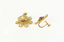 Load image into Gallery viewer, 14K 1960&#39;s Natural Ruby Filigree Flower Screw Back Earrings Yellow Gold