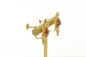 14K 1960's Natural Ruby Filigree Flower Screw Back Earrings Yellow Gold