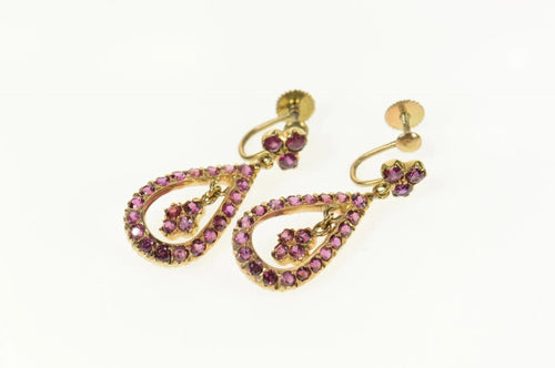 14K Victorian Ruby Tear Drop Dangle Screw Back Earrings Yellow Gold