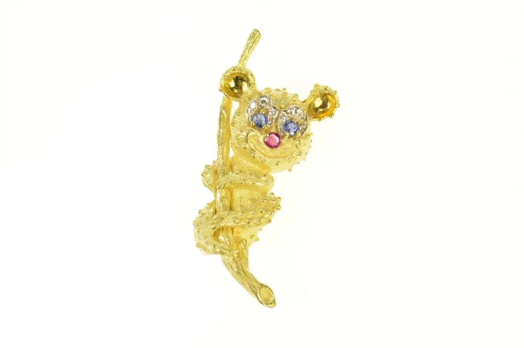 18K Diamond Sapphire Ruby Koala on Tree Retro Pin/Brooch Yellow Gold