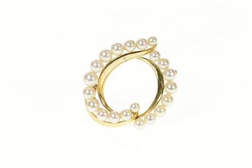 14K Mikimoto Pearl Retro Swirl Statement Pin/Brooch Yellow Gold