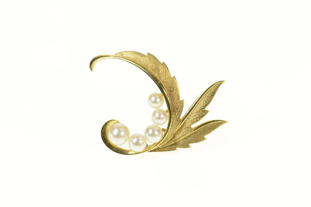 14K Retro Mikimoto Pearl Leaf Swirl Statement Pin/Brooch Yellow Gold