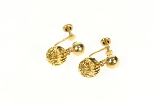 14K Scalloped Ball Dangle Retro Screw Back Earrings Yellow Gold