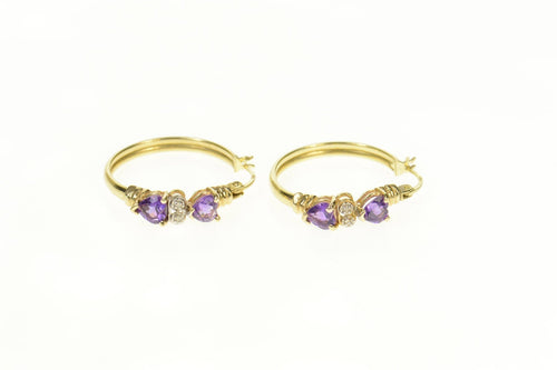 10K Heart Amethyst Diamond Accent Hoop Earrings Yellow Gold