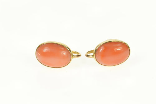 14K Oval Coral Cabochon Retro Screw Back Earrings Yellow Gold