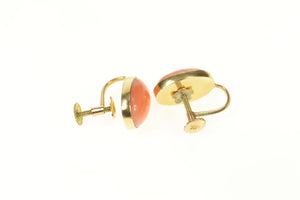 14K Oval Coral Cabochon Retro Screw Back Earrings Yellow Gold