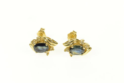 14K Oval Natural Sapphire Diamond Accent Stud Earrings Yellow Gold