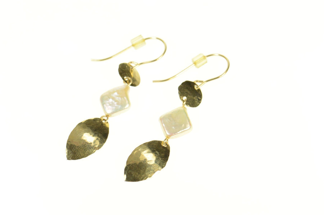 14K Pearl Geometric Hammered Dangle Hook Earrings Yellow Gold