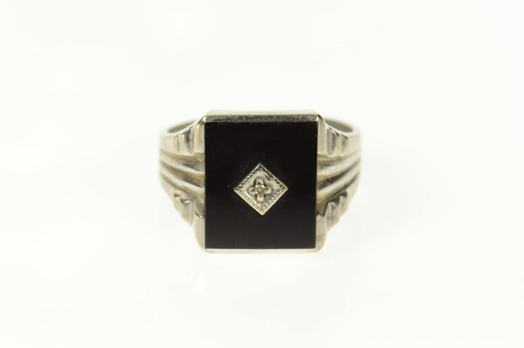 10K Squared Black Onyx Diamond Accent Men's Ring Size 10.25 White Gold