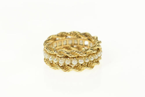 14K Ornate Pearl Rope Trim Statement Band Ring Size 7.5 Yellow Gold