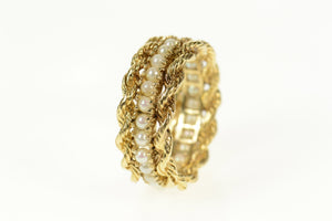 14K Ornate Pearl Rope Trim Statement Band Ring Size 7.5 Yellow Gold