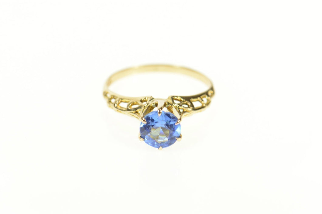 10K Sim. Sapphire Ornate Filigree Statement Ring Size 5 Yellow Gold