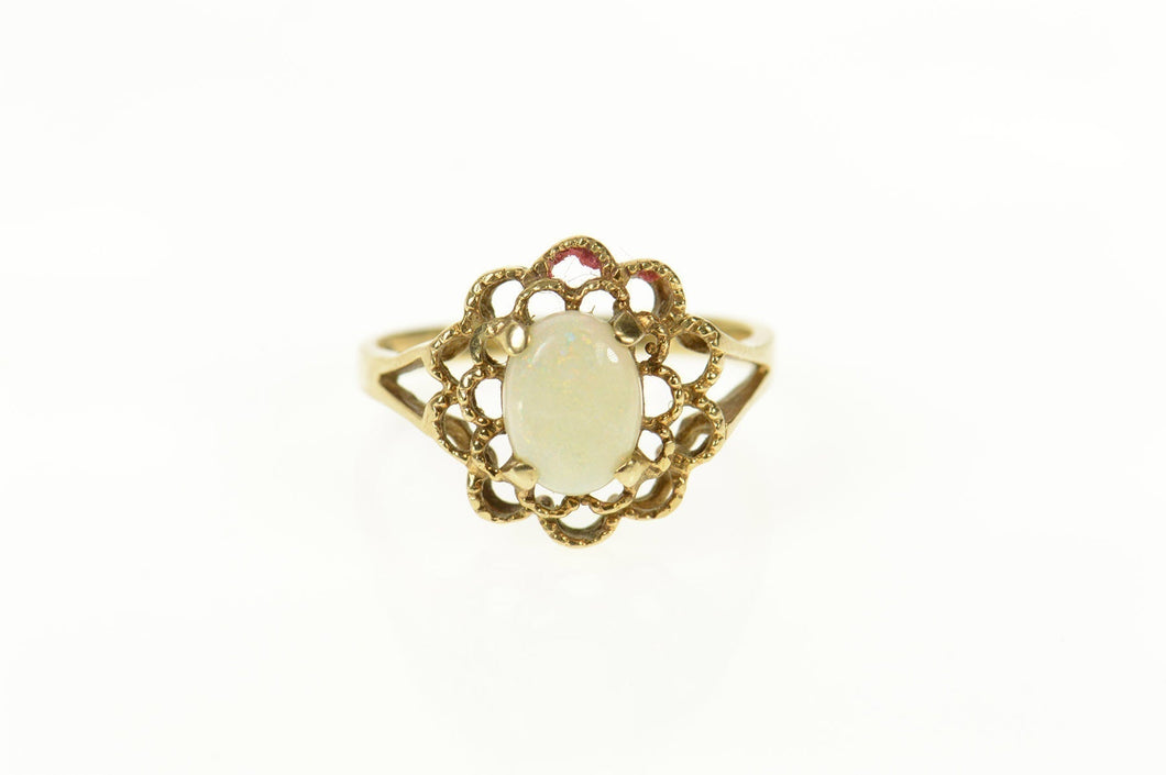 10K Natural Opal Scalloped Trim Cocktail Ring Size 5.75 Yellow Gold