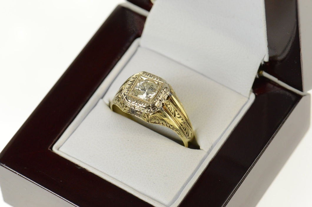 14K 0.53 Ct Art Deco Etched Diamond Men's Ring Size 10 Yellow Gold