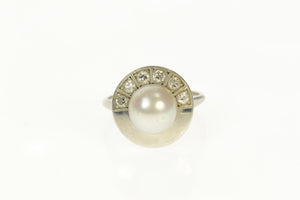 14K 1950's Retro Pearl Diamond Accent Cocktail Ring Size 7.25 White Gold