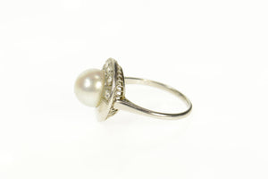 14K 1950's Retro Pearl Diamond Accent Cocktail Ring Size 7.25 White Gold