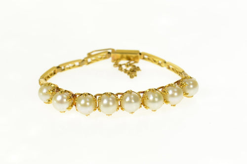14K Retro Pearl Inset Ornate Bar Link Statement Bracelet 6.25