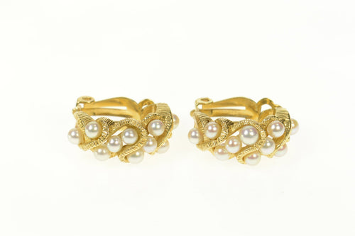 14K Pearl Retro Wavy Pattern Clip On Hoop Earrings Yellow Gold